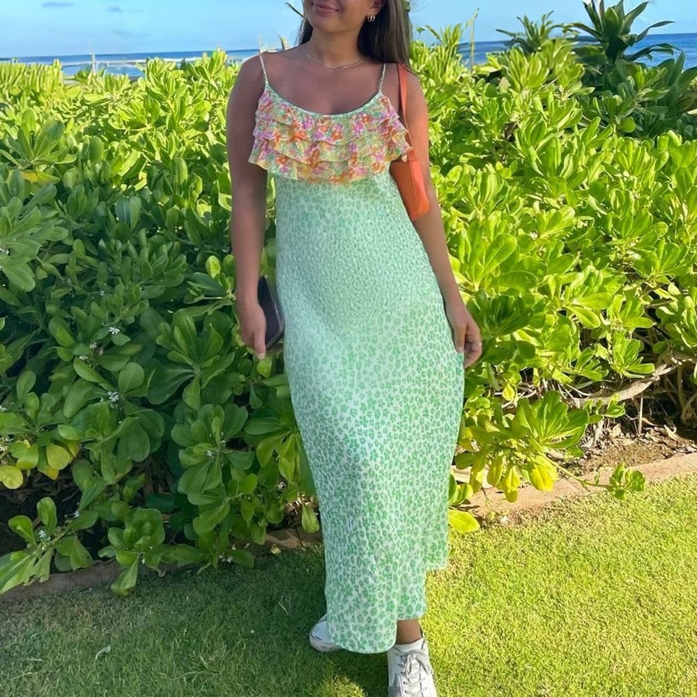 RIXO Green Leopard-Print Maxi Dress with Pink Floral Ruffle - Picture 4 of 5